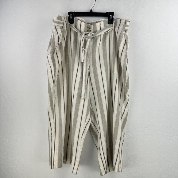 Zac & Rachel Paperbag Linen Blend Pants Womens 3X Cream Green‎ Striped Cropped - Picture 1 of 9